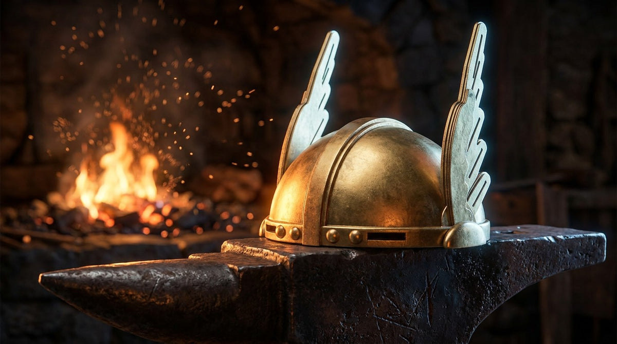 Valkyrie Dog Helm on a forge anvil, AI-styled image based on the 3D model