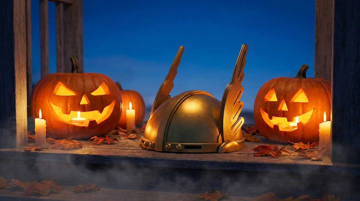 Valkyrie Dog Helm on a Halloween porch, AI-styled image based on the 3D model