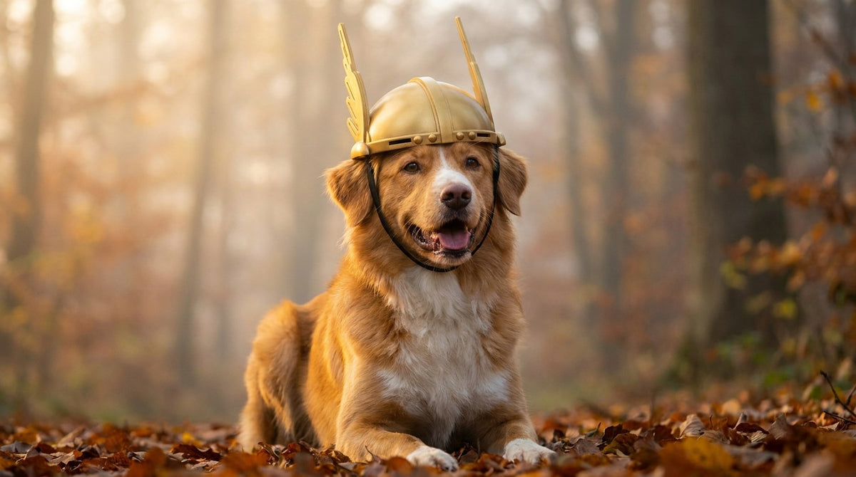 Concept image: dog wearing the Valkyrie Dog Helm (AI-generated, not a photo of the product)