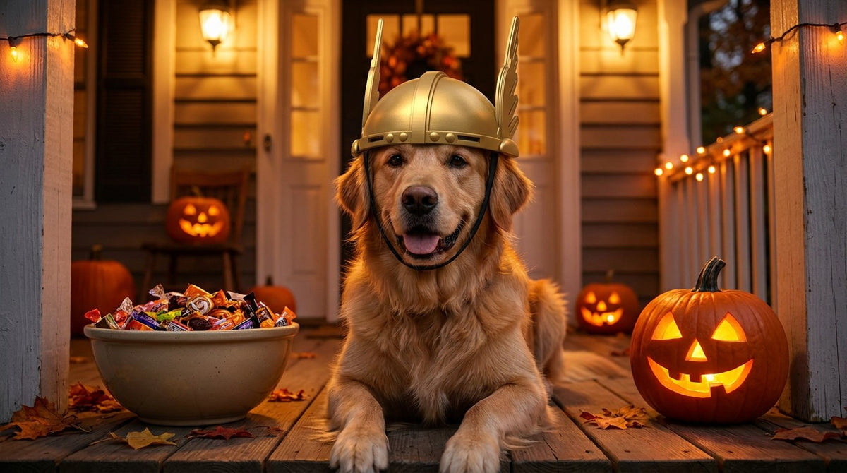 Concept image: dog wearing the Valkyrie Dog Helm on Halloween (AI-generated, not a photo of the product)